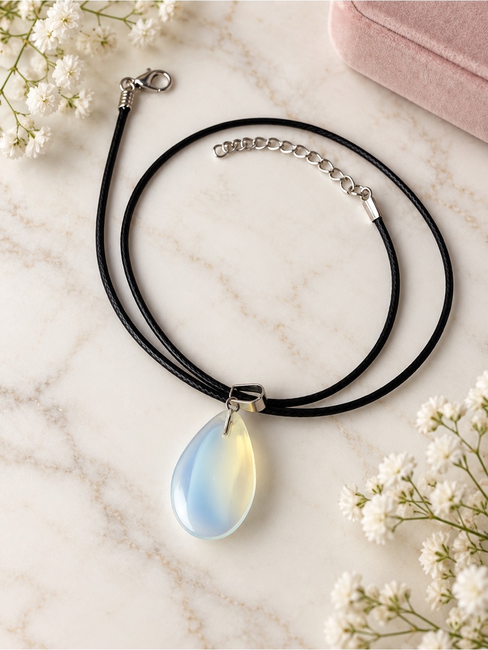 Opalite Teardrop Pendant Necklace with Black Cord